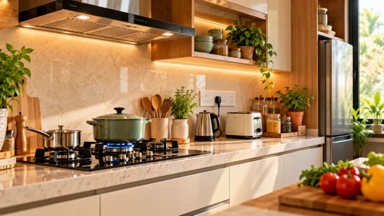 Kitchen Vastu and electrical safety shown through an organised cooking and appliance zone.