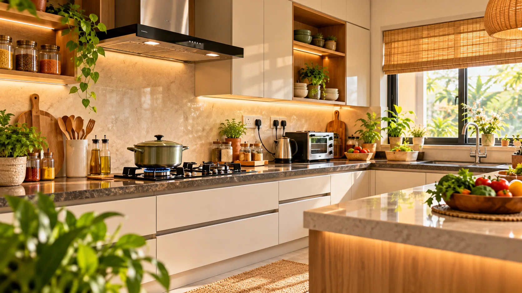 Kitchen Vastu and safety priorities shown in a modern kitchen with safe cooking and electrical zones.