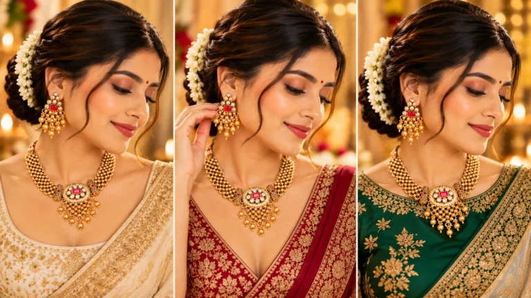 Gold Kundan choker shown with different festive blouse necklines to demonstrate neckline and jewellery balance