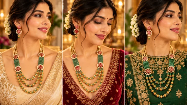 Layered necklace styling shown with open, V-neck and higher festive necklines to demonstrate visual space and proportion.