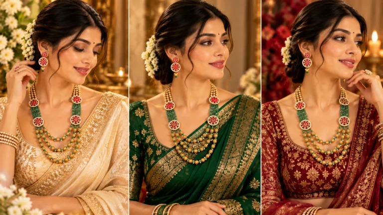 Layered necklace set coordinated with ivory, deep green and burgundy festive outfit colours without exact colour matching.