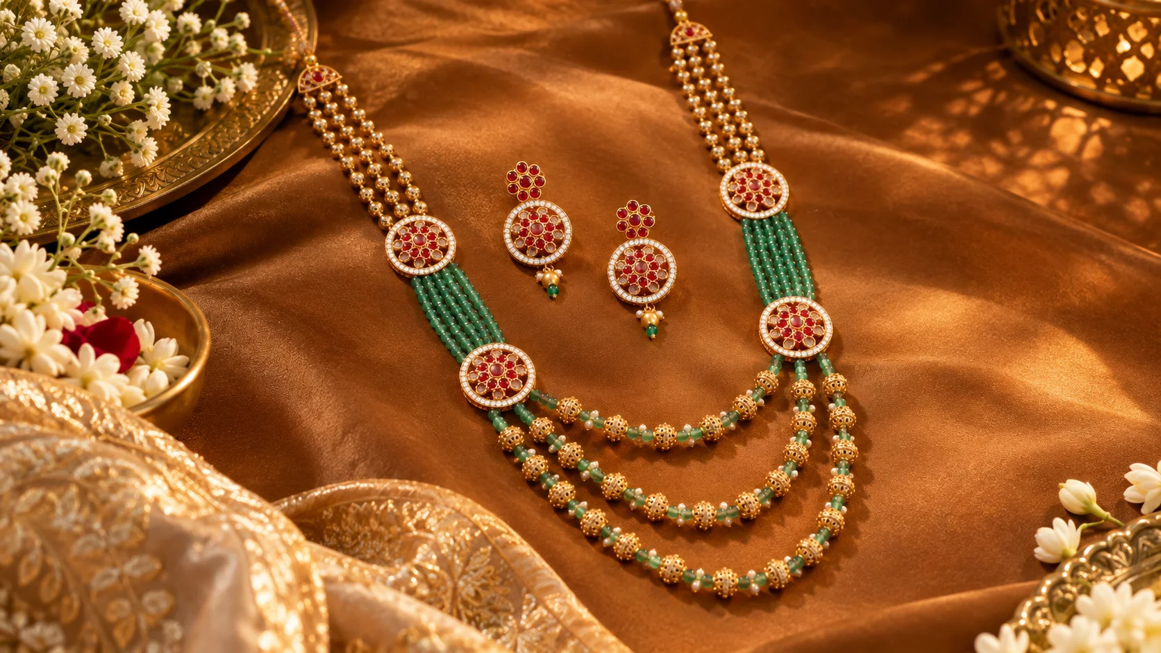 Layered necklace set with gold-toned details, green bead strands, red decorative accents and matching earrings styled against warm brown fabric.