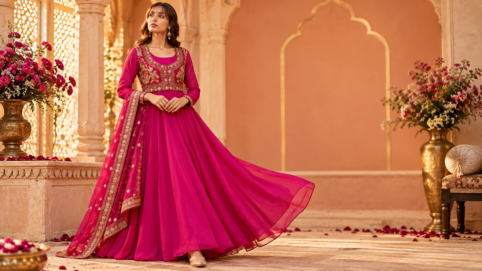 Magenta Anarkali dress styling with a gold embroidered bodice and coordinated festive accessories.
