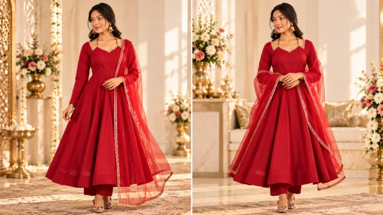 Two styling approaches for a maroon Anarkali kurta set showing a sheer gold-trimmed dupatta arranged over one shoulder and across the arms.