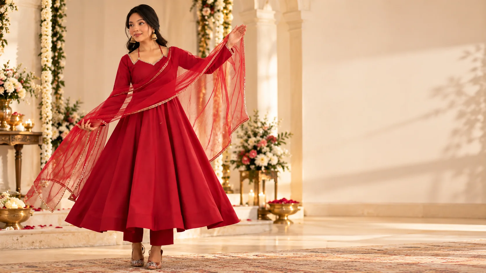 Maroon Anarkali kurta set with matching pants and sheer gold-trimmed dupatta styled for an elegant festive occasion.