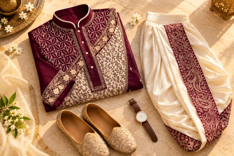 Maroon embroidered men’s kurta styled beside an ivory dhoti-style bottom with traditional footwear and a simple watch, demonstrating balanced colour coordination for a festive ethnic outfit.