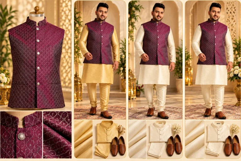 Men’s ethnic wear colour guide showing a maroon patterned Nehru jacket paired with gold, cream and warm ivory base colours for coordinated traditional styling.