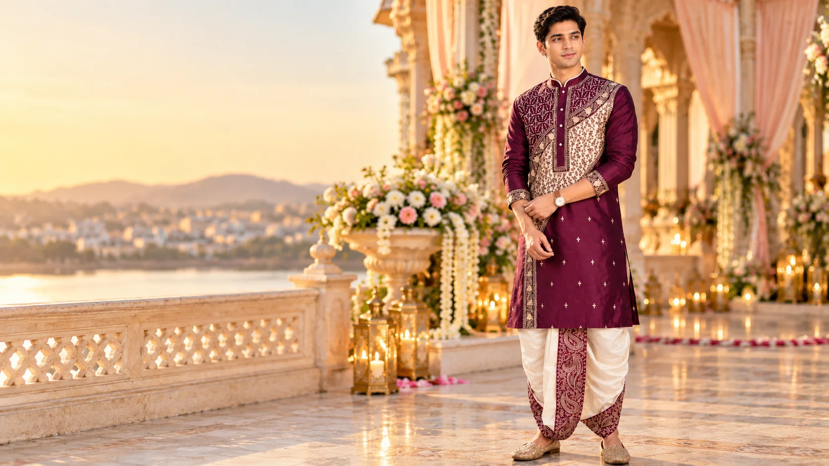 Men’s dhoti kurta set in deep maroon and ivory with embroidered kurta, traditional dhoti-style bottom and ornate juttis styled for a wedding celebration.