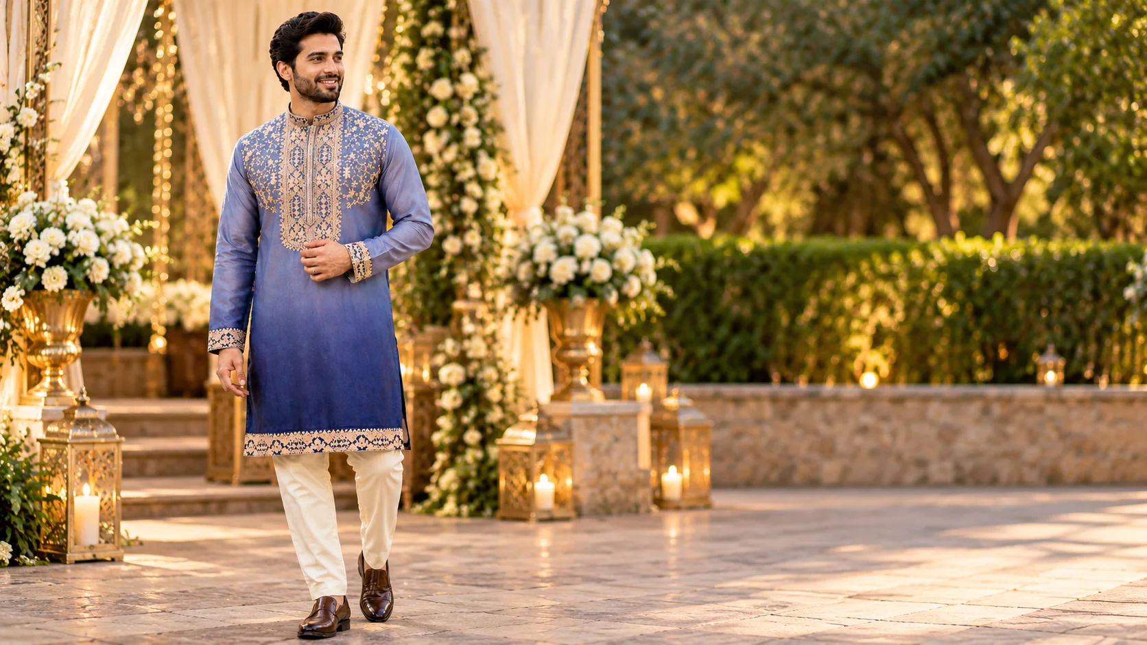 Men’s embroidered kurta set in dusty blue with antique-gold-style detailing, cream trousers and polished brown footwear styled for a refined festive occasion.