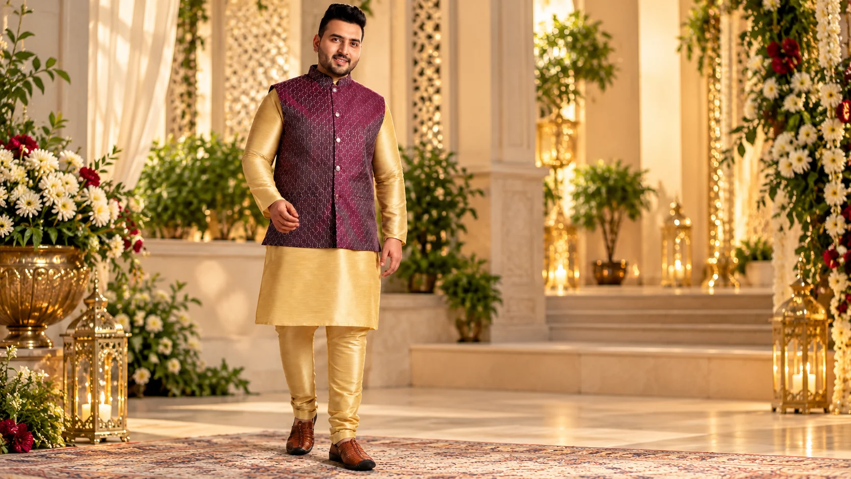 Men’s ethnic wear featuring a patterned maroon Nehru jacket over a gold-toned kurta with coordinated narrow bottoms and brown traditional footwear, styled for a wedding or festive occasion.