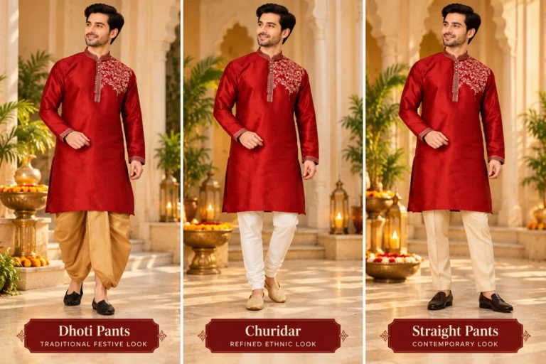Three styling options for a red embroidered men’s kurta showing beige dhoti-style trousers, churidar and straight trousers for traditional, refined and contemporary festive looks.