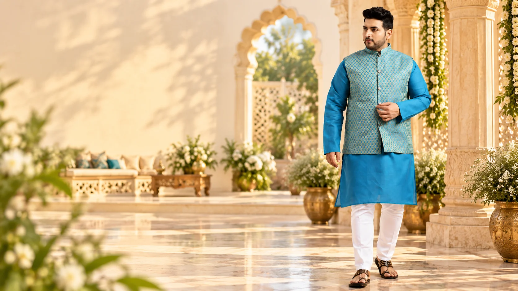 Men’s kurta pyjama with a blue patterned Nehru jacket styled for a polished wedding or festive ethnic look.