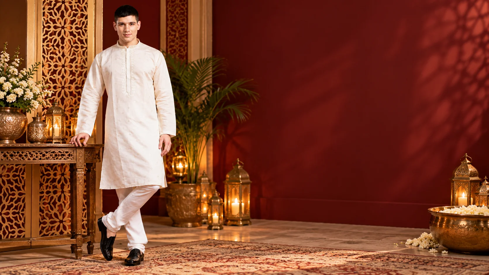 Men’s kurta set in ivory with embroidered detailing and matching churidar, styled with traditional footwear in a warm festive setting.