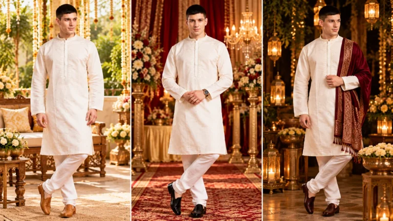 Ivory men’s kurta set shown in three festive styling directions for a daytime family gathering, wedding celebration and evening event.