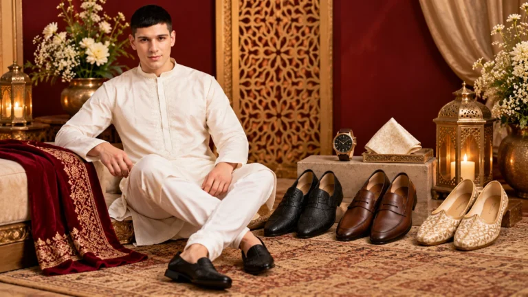 Ivory men’s kurta set styled with black, brown and tan footwear options plus a classic watch and understated pocket square.