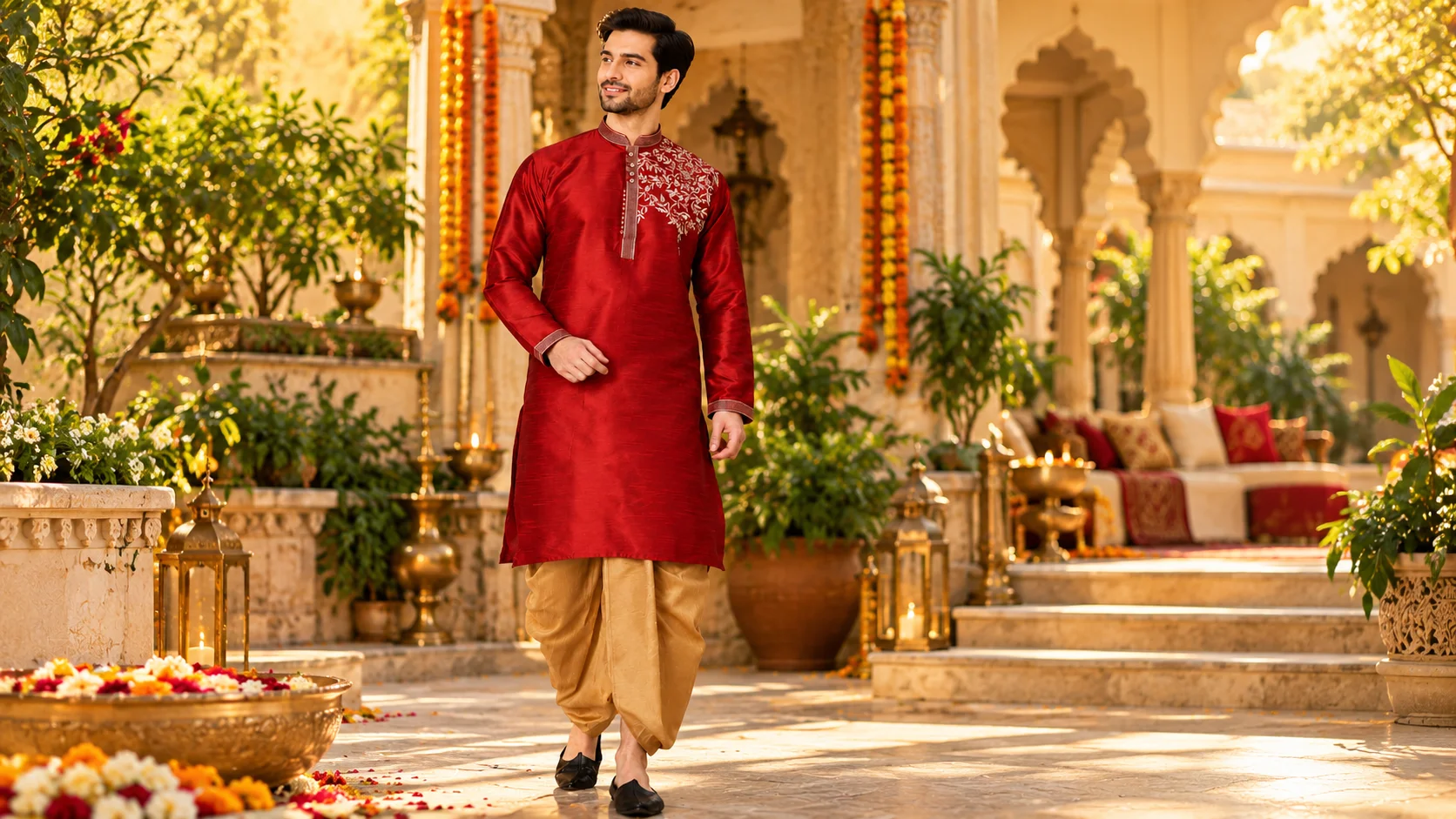 Men’s kurta styling featuring a deep red embroidered kurta with warm beige dhoti-style trousers and black traditional footwear in an elegant festive setting.