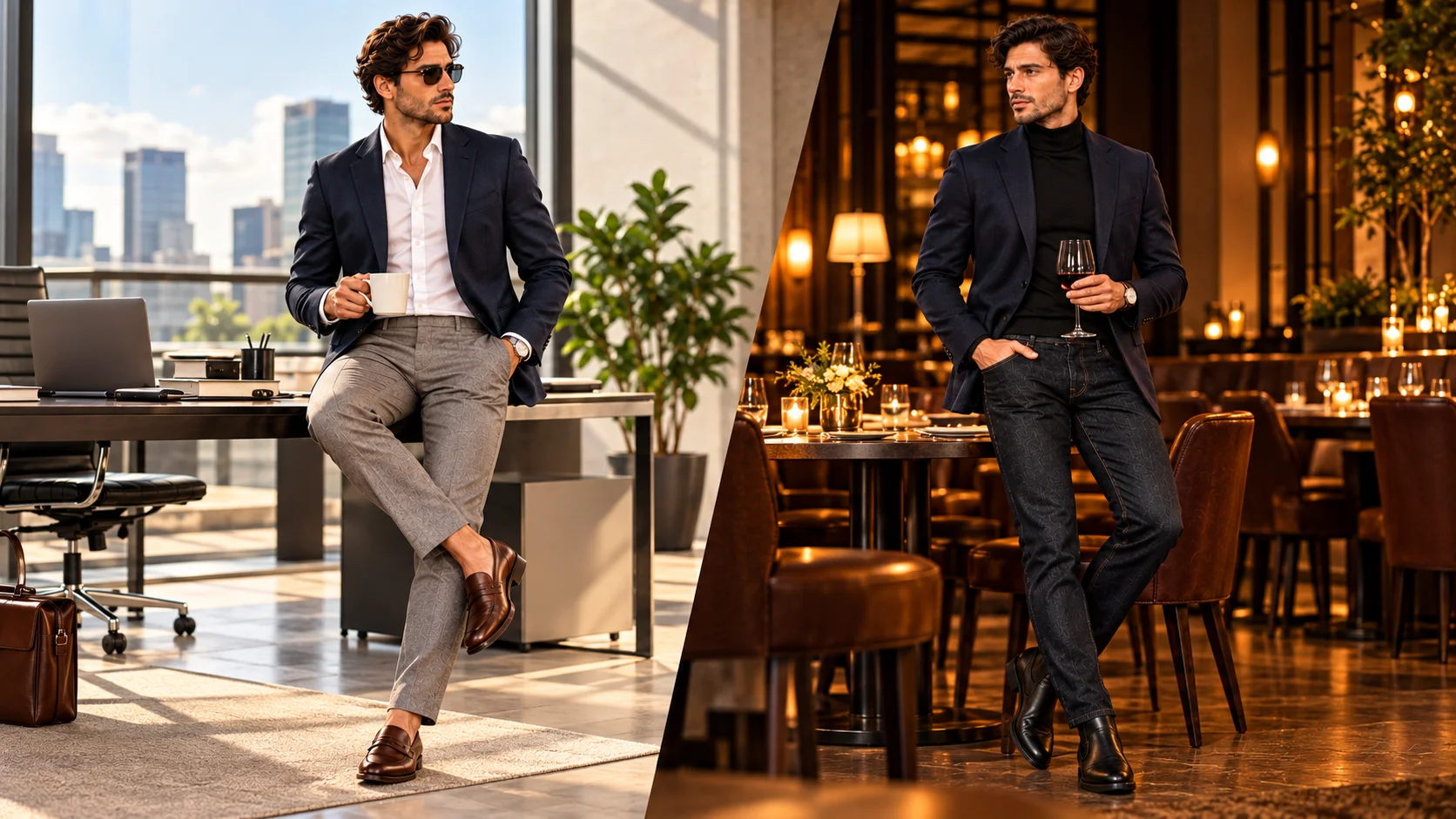 Men’s office to dinner outfits showing a navy blazer styled with a white shirt and grey trousers for the office, then a black mock-neck knit and dark jeans for an evening look.