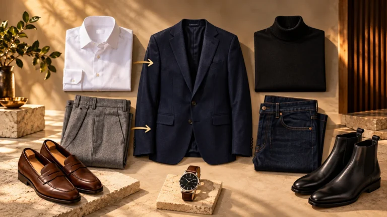 Men’s office to dinner outfit components showing a white dress shirt changing to a black mock-neck knit and grey trousers changing to dark jeans, with a navy blazer as the constant layer.