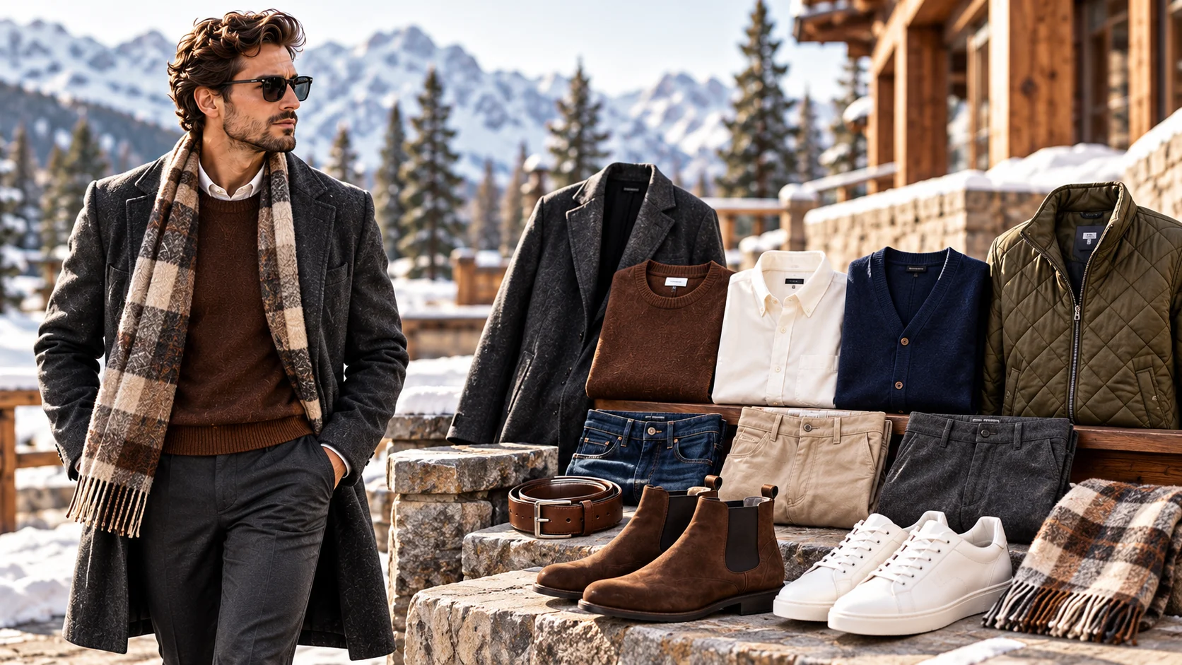 Men's winter capsule wardrobe featuring a charcoal overcoat, brown knitwear, cream shirt, navy cardigan, olive jacket, versatile trousers, Chelsea boots, white sneakers and coordinated winter accessories.