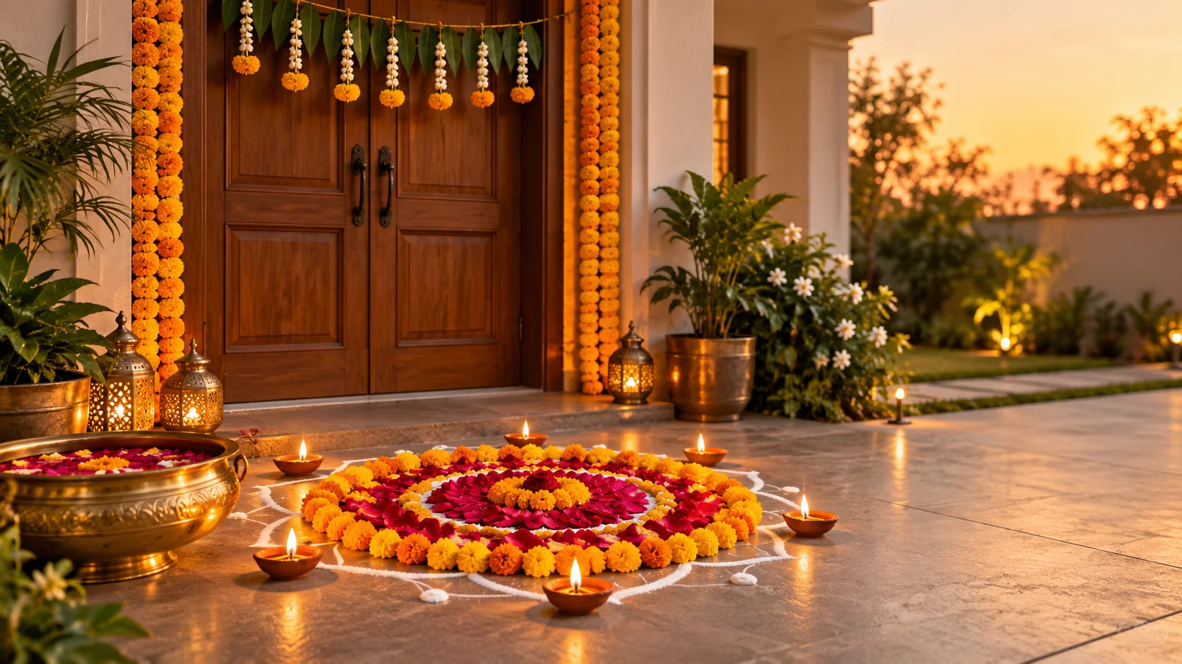 Navratri decor ideas at a home entrance with a marigold and mango leaf toran, a petal rangoli and clay diyas