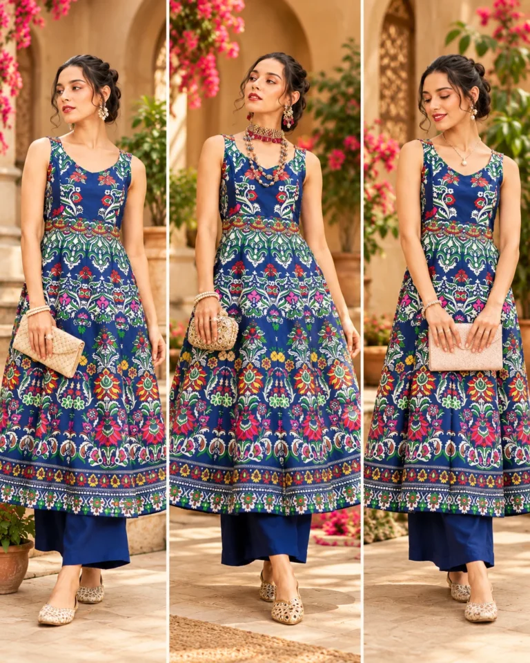 Three accessory combinations for navy blue Anarkali kurta styling, featuring a cream clutch, statement earrings, coordinated necklaces and neutral or embellished footwear.