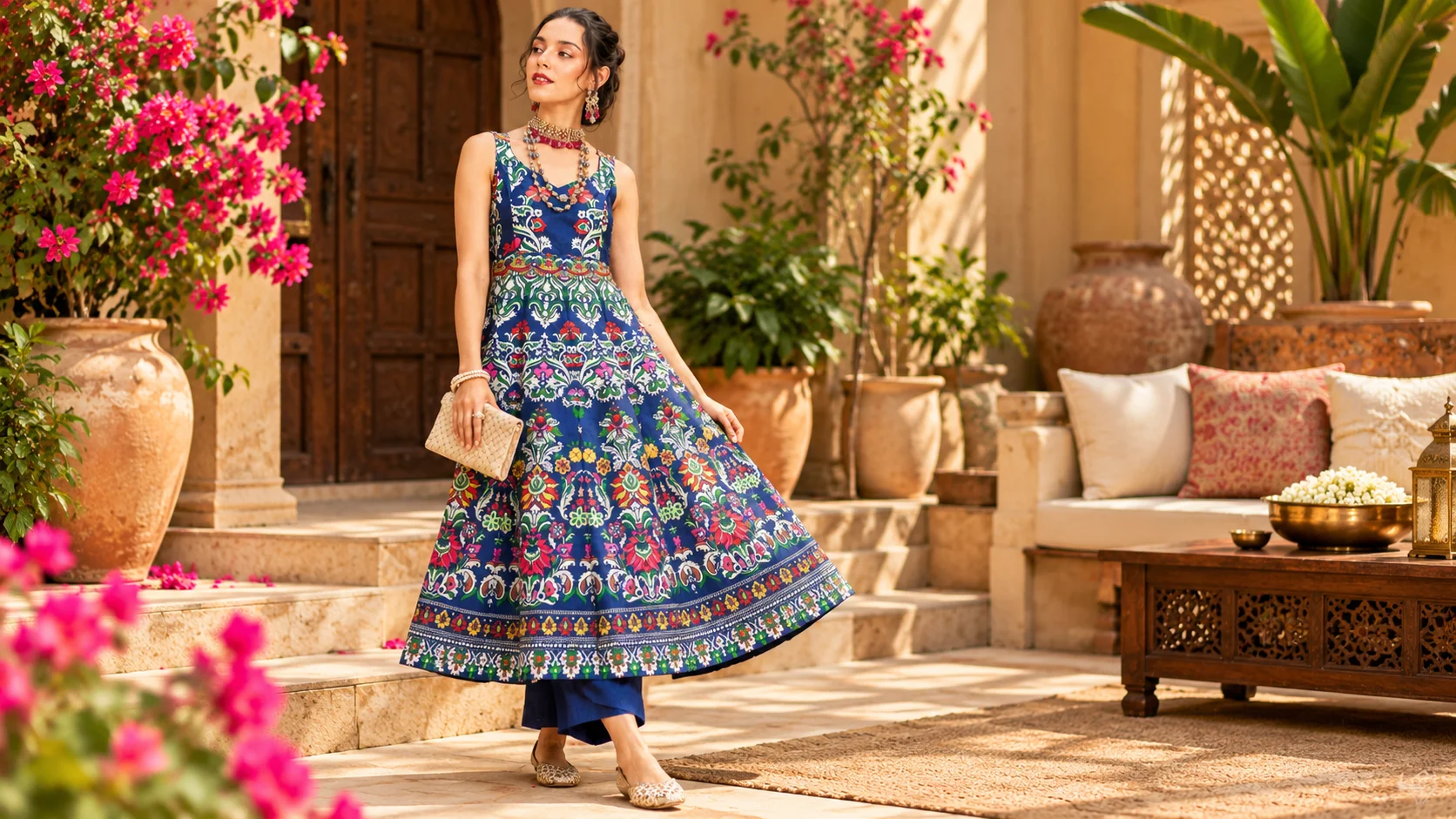 Navy blue Anarkali kurta styling with colourful ethnic motifs, statement jewellery, a cream clutch and coordinated footwear in a warm festive courtyard.