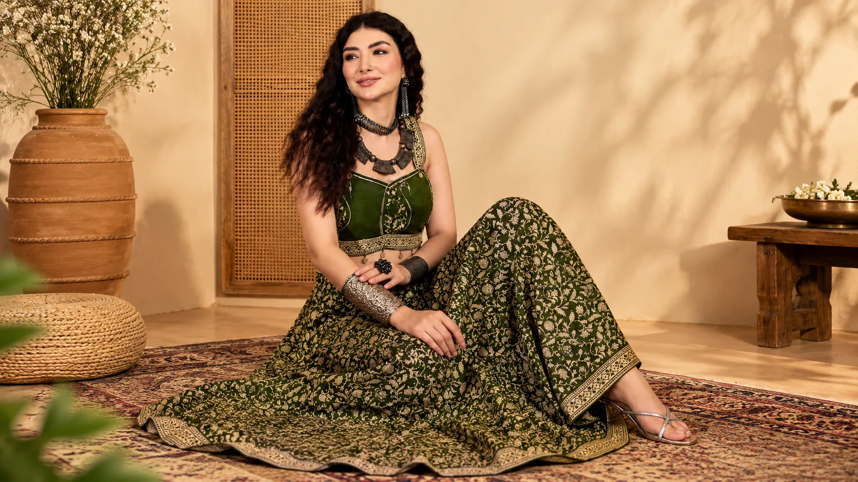 Olive green ethnic outfit styling featuring a printed crop top and matching skirt with coordinated festive accessories.
