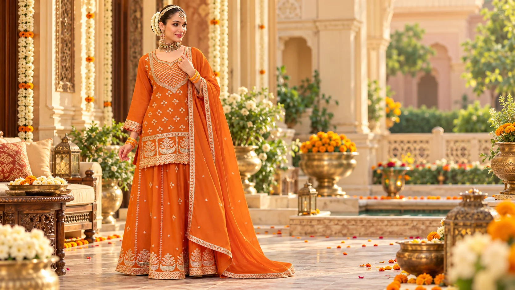 Orange ethnic outfit for women with decorative embroidery, matching dupatta, flared lower silhouette and traditional jewellery styled for a festive celebration.