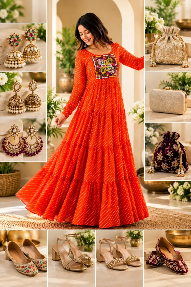 Orange-red Anarkali kurta styled with statement earrings, a neutral festive bag and elegant footwear for balanced occasion dressing
