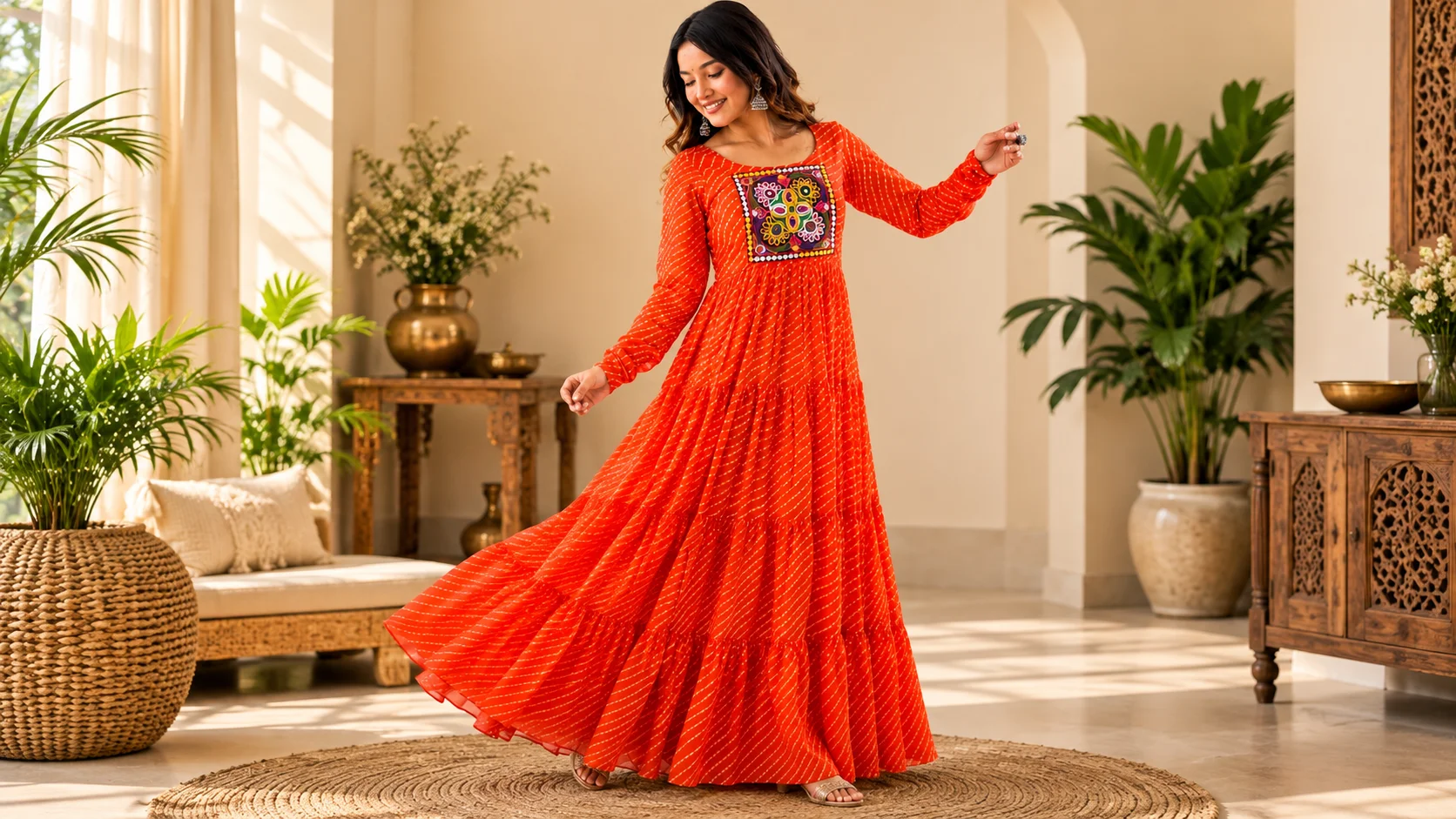 Orange-red Anarkali kurta with colourful embroidered-style upper panel styled for festive fashion inspiration