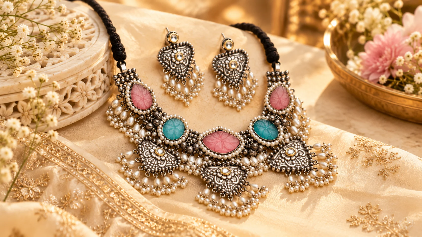 Oxidised Jewellery set with an ornate statement necklace and matching earrings featuring silver-toned detailing, pink and teal accents and pearl-like bead details, styled for festive Indian fashion.