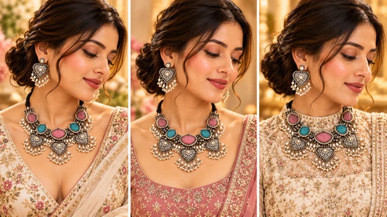 Oxidised Jewellery set compared across open V-neck, scoop neckline and higher neckline styling to show how neckline space affects the visibility and balance of a statement necklace.