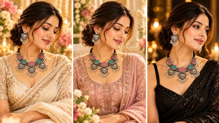 Oxidised Jewellery set styled three ways with a festive saree, traditional kurta set and darker evening outfit to demonstrate adaptable occasion styling.