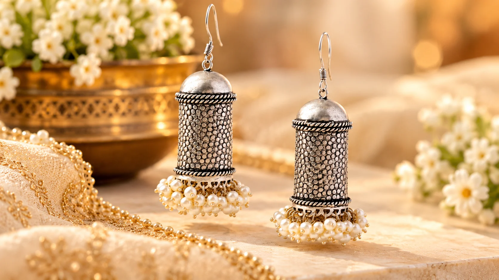 Oxidised jhumka earrings with intricate silver-tone detailing and pale bead-like drops styled for an elegant festive Indian Jewellery look.