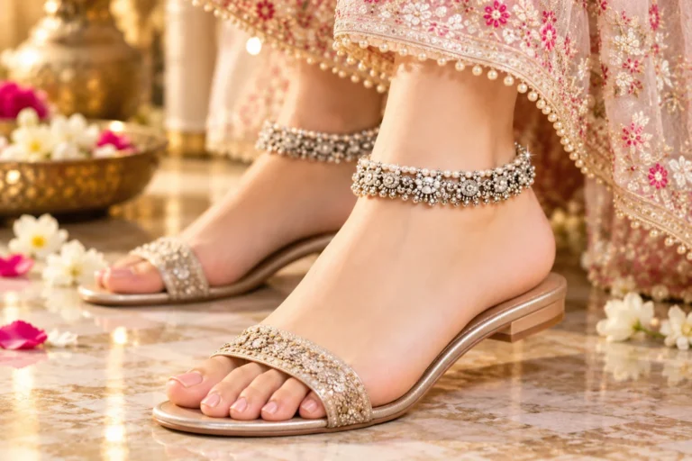 Oxidised silver anklet with pearl and Kundan detailing styled above simple open sandals with an ankle-skimming festive outfit, demonstrating balanced footwear and Jewellery styling.