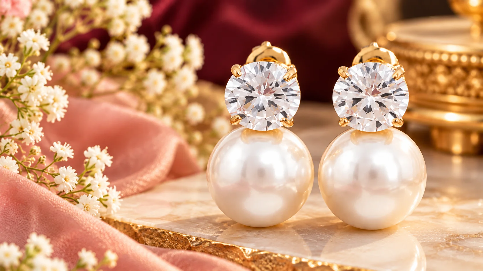 Pearl drop earrings with large luminous pearl-look drops, sparkling round studs and warm gold-tone settings styled in an elegant luxury jewellery setting.
