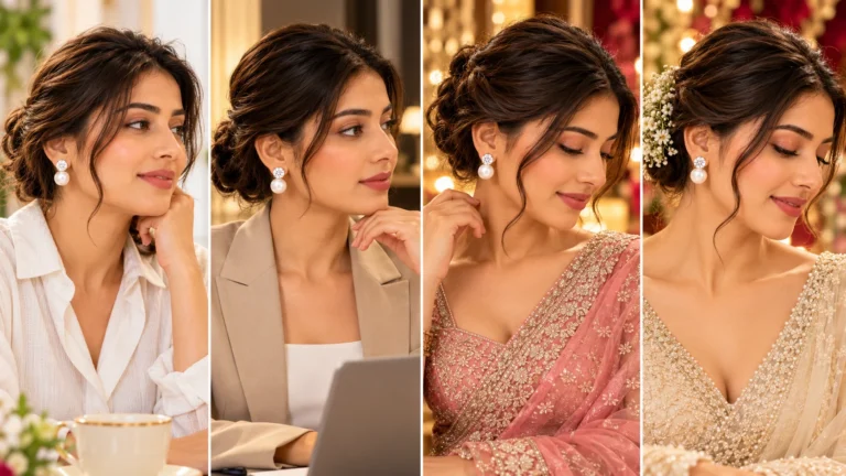 Pearl drop earrings styled across everyday, office, festive and wedding-inspired outfits to show their versatility for different occasions.