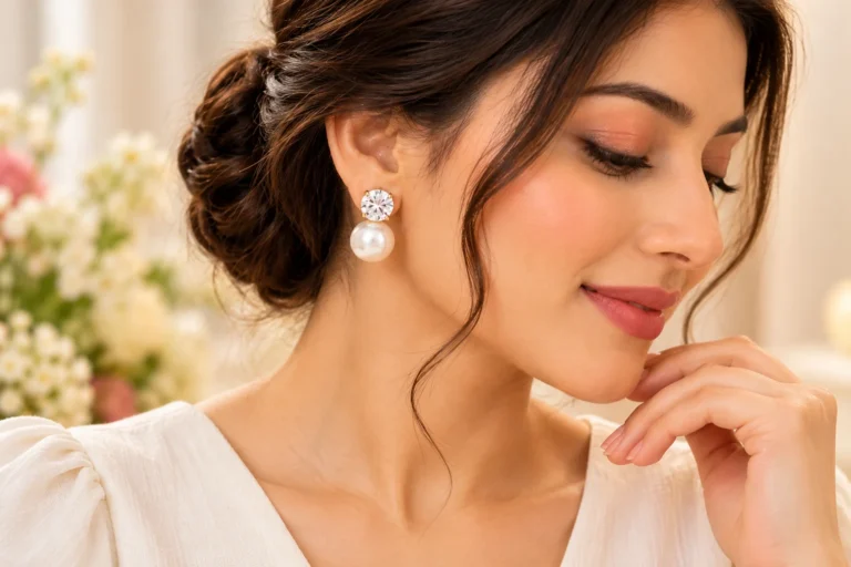 Pearl drop earrings worn with a low bun and clean V-neck outfit, showing how hairstyle and neckline can frame the earrings.