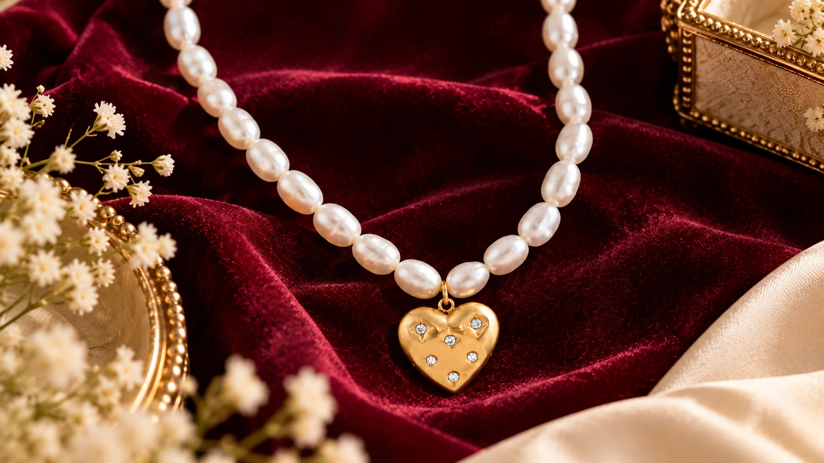 Pearl necklace with gold heart pendant styled against rich burgundy velvet for elegant jewellery inspiration.