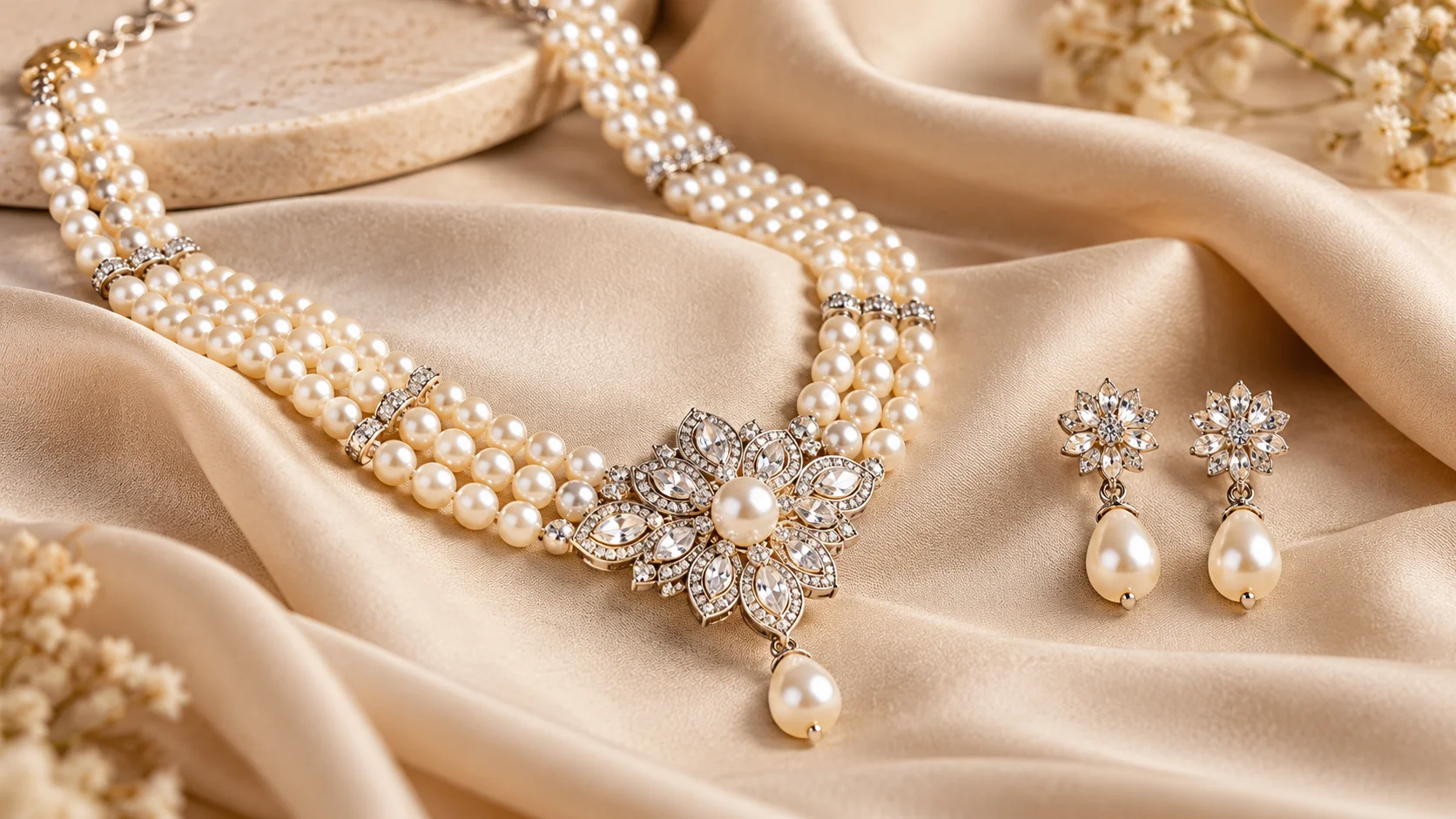 Ivory pearl necklace set with a floral crystal pendant and matching pearl-drop earrings arranged on champagne-beige fabric, styled for wedding and festive outfit inspiration.