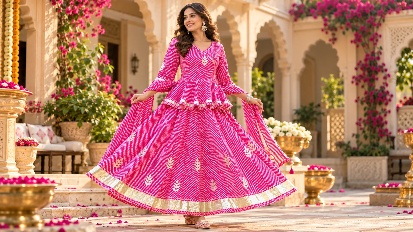 Pink Anarkali dress with white patterned detailing, floral motifs and metallic-looking border styled in a sunlit heritage courtyard for a graceful festive Indian outfit.