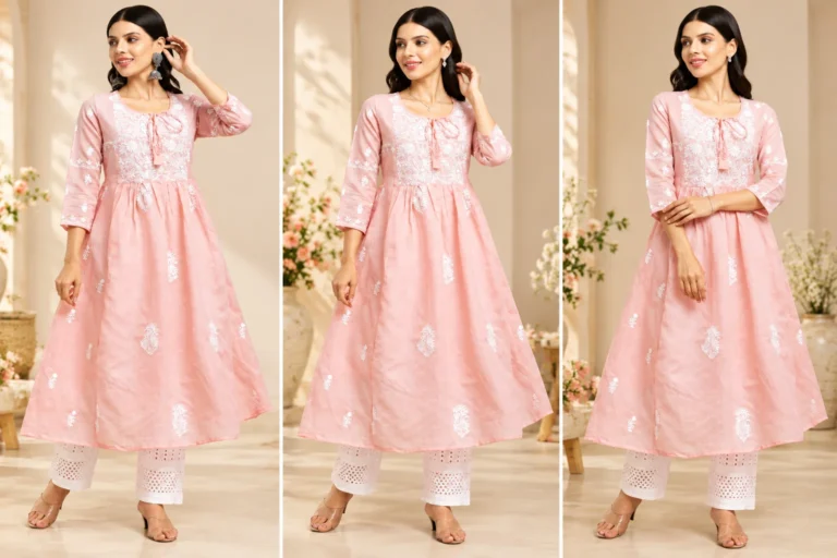 Pink embroidered kurta styled with different jewellery combinations to demonstrate balanced accessory choices