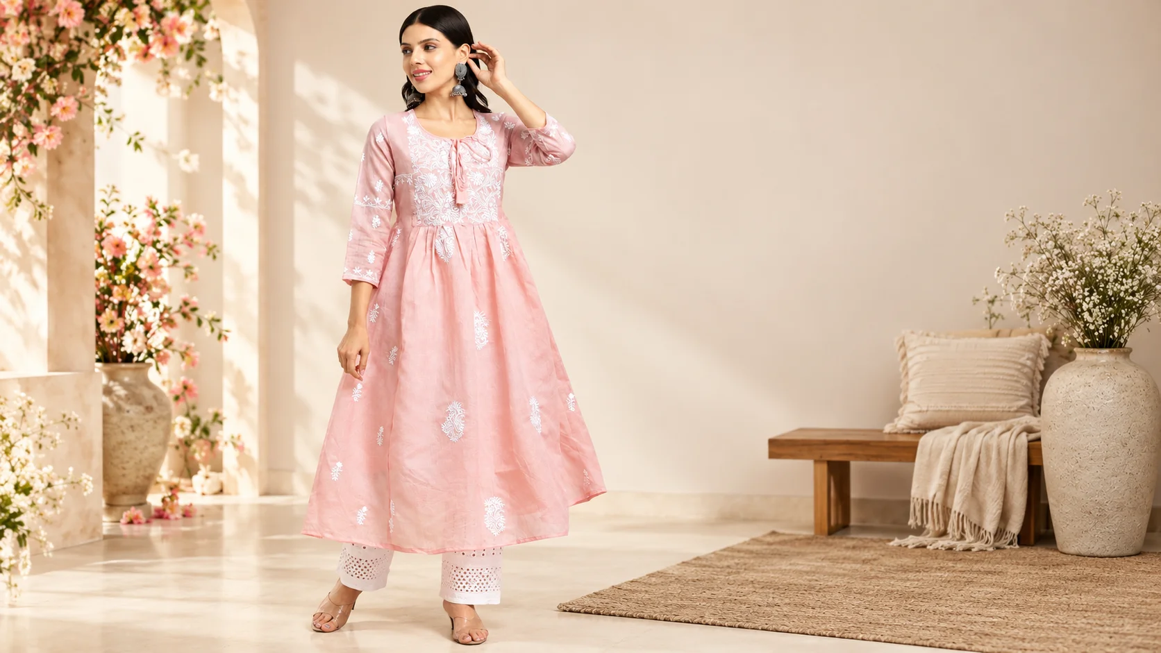 Pink embroidered kurta styled with white trousers and silver-toned earrings for an elegant women’s ethnic outfit