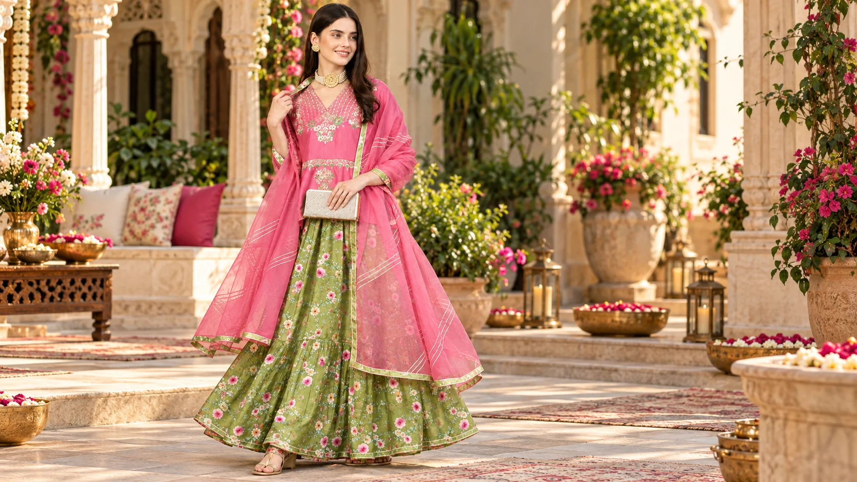 Pink and green ethnic outfit featuring a pink embroidered top, green floral skirt, sheer pink dupatta, statement jewellery and a cream clutch in a festive courtyard.