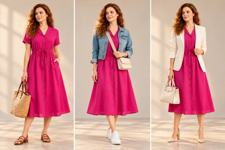 Three styling ideas for a pink midi shirt dress, paired respectively with brown sandals and a woven tote, white trainers and a crossbody bag, and neutral heels with a structured handbag.