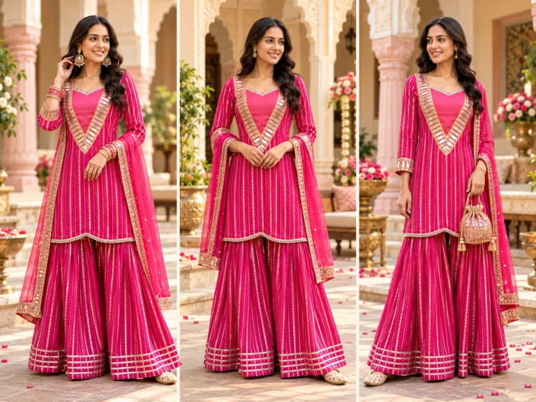 Pink sharara suit styling examples showing gold-toned earrings, coordinated bangles, neutral juttis and different dupatta drapes.