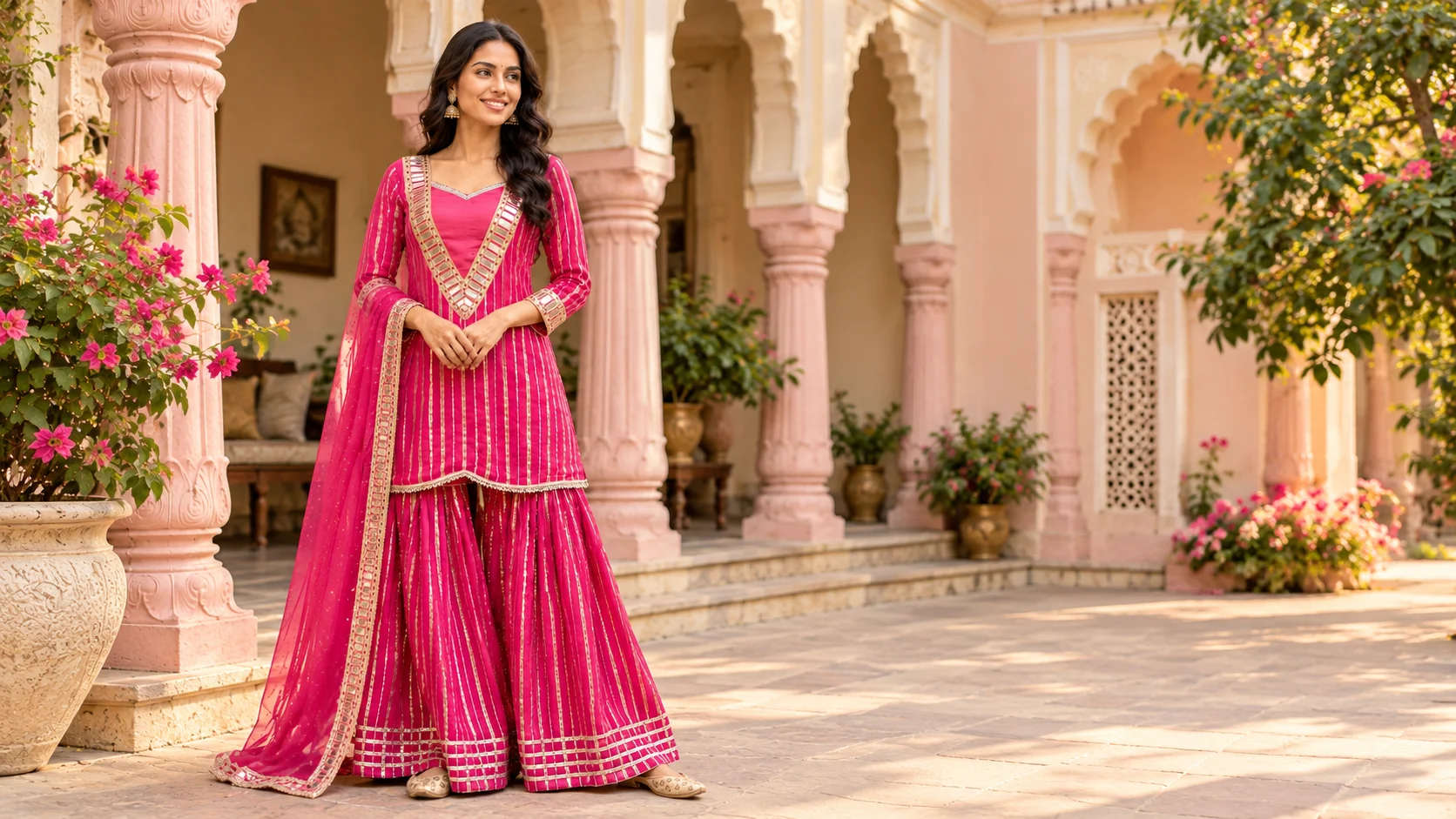 Pink sharara suit with vertical gold stripes, an embellished V-shaped neckline and flared trousers styled in a traditional courtyard.