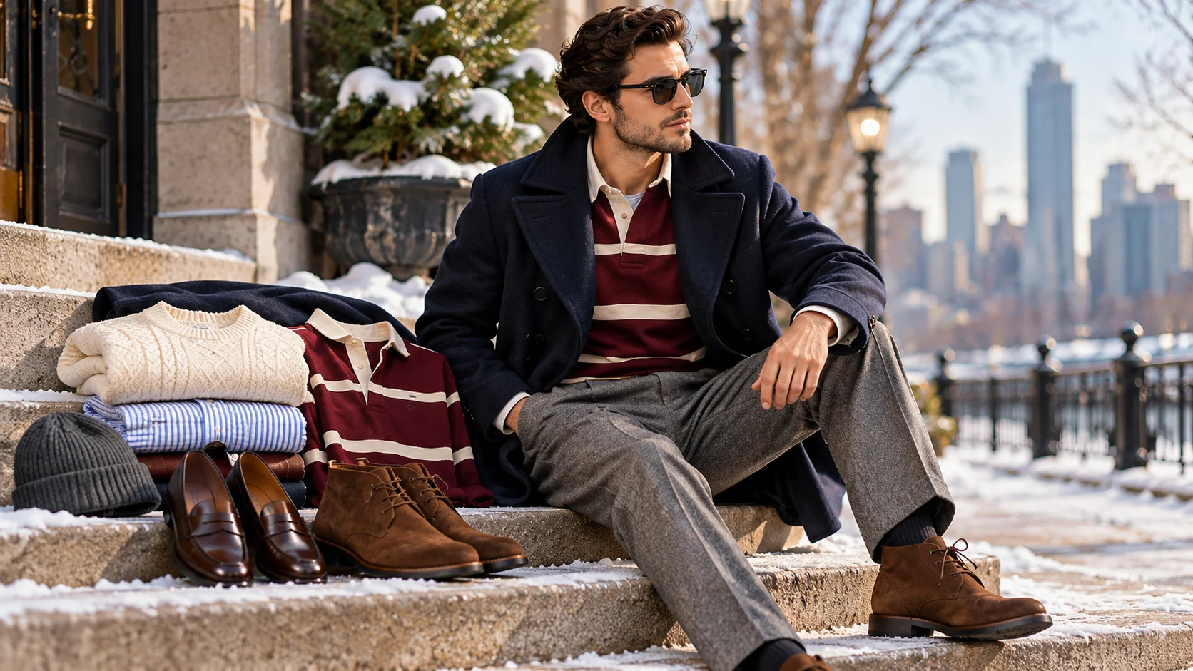 Prep 3.0 winter style for men featuring a navy peacoat, burgundy rugby shirt, cream cable-knit sweater, grey pleated trousers, dark denim, brown loafers and suede chukka boots.