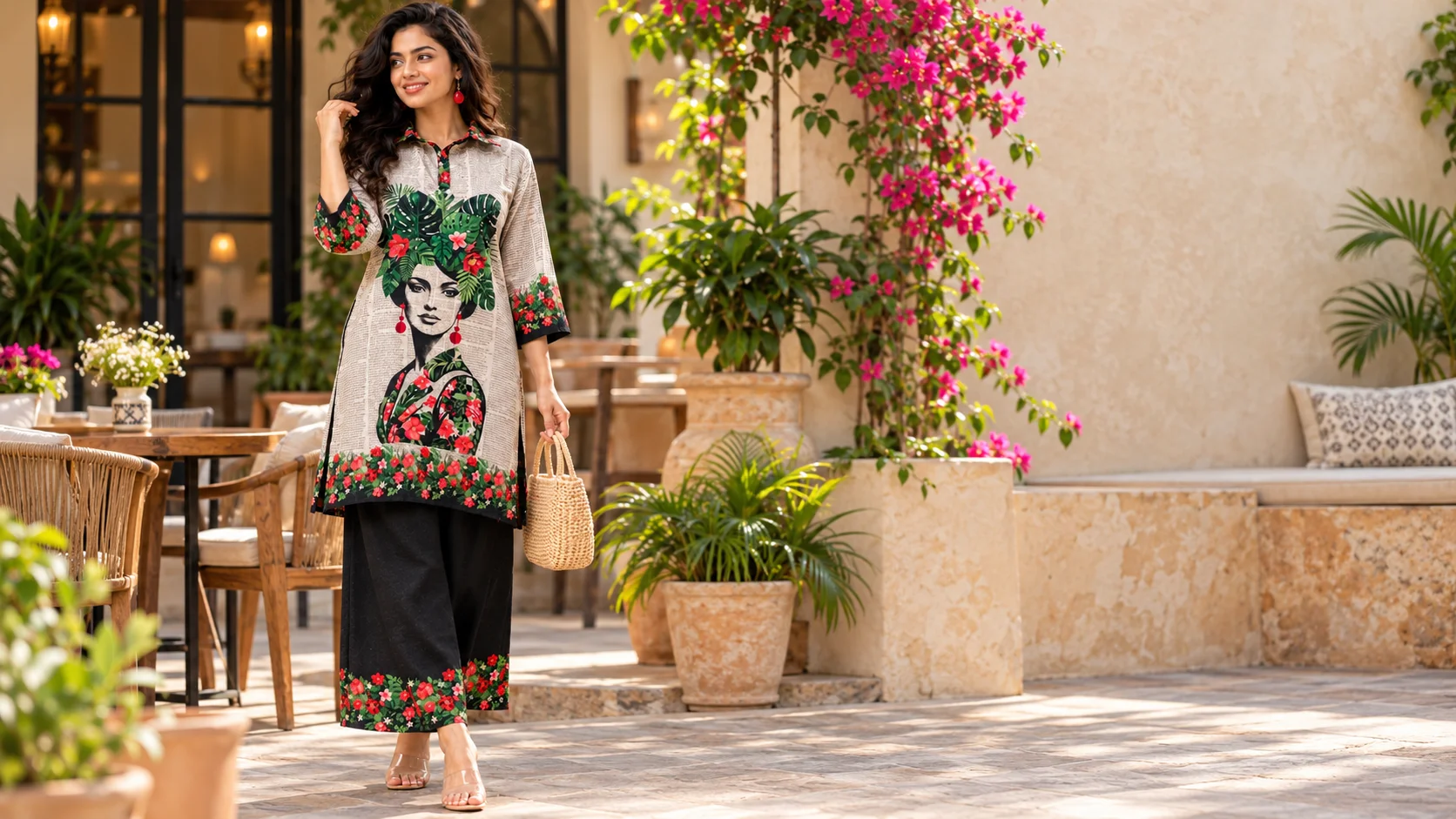 Printed kurta set styling with a white-and-black patterned kurta, floral accents and matching palazzo trousers in a contemporary ethnic outfit.