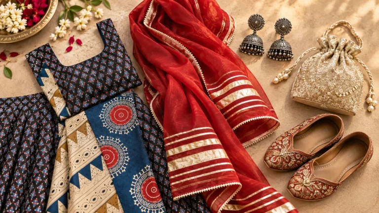 Styling accessories arranged around navy printed fabric and a red dupatta, with traditional earrings, a cream-and-gold potli bag and embellished juttis.
